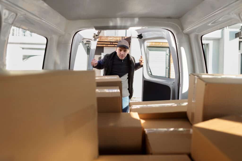 A man and van at the back of the van filled with cartons